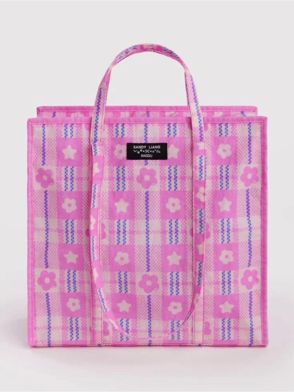 Sandy Liang x Baggu Pink Floral Checkered Tote Bag - Picture 2 of 3